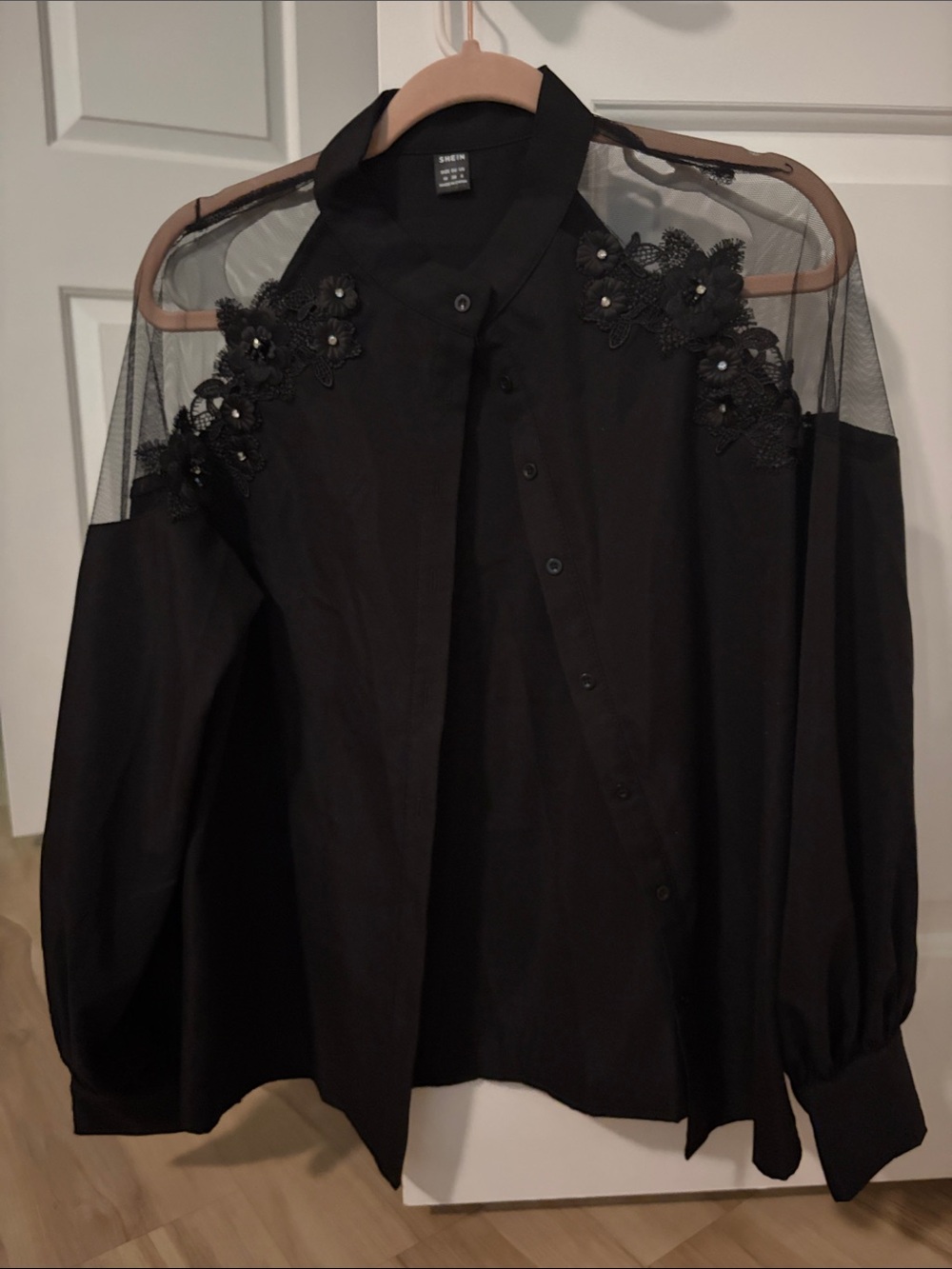 SHEIN Black Button-Down Blouse with Lace Appliqué